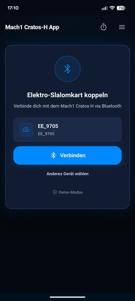 Kart koppeln: Die Cratos-App beim Verbinden mit einem Kart über Bluetooth