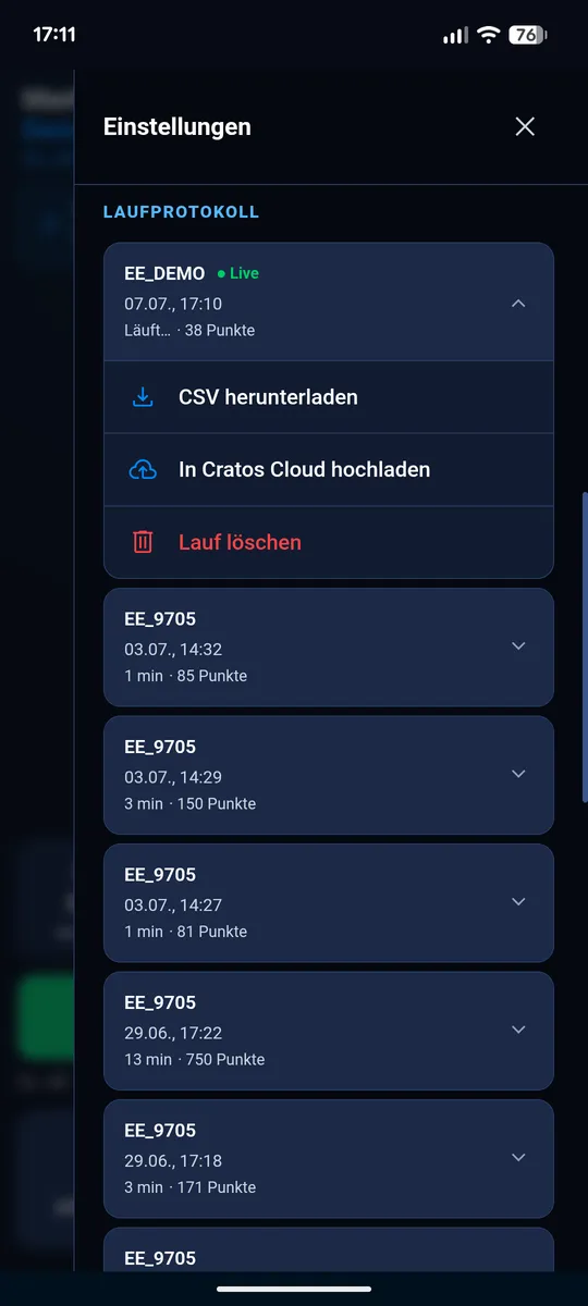 Laufprotokoll der Cratos-App mit Download als CSV-Datei und Upload in die Cloud